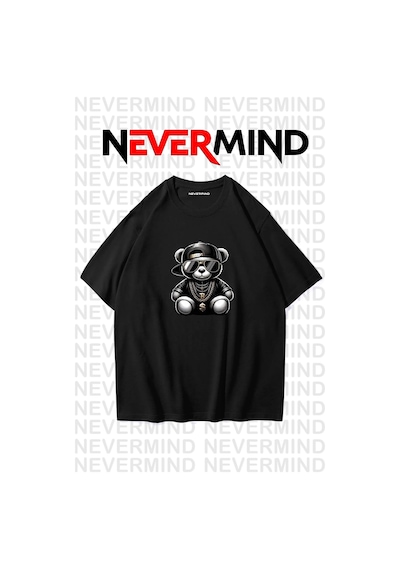 Nevermind Erkek Oversize Siyah Tişört Hip Hop Ayı Baskılı, Sokak Modası S Siyah