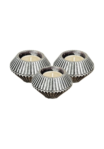 Mumluk Şamdan 3 Adet Tealight Uyumlu Elmas Çizgili Model - Gümüş Eskitme