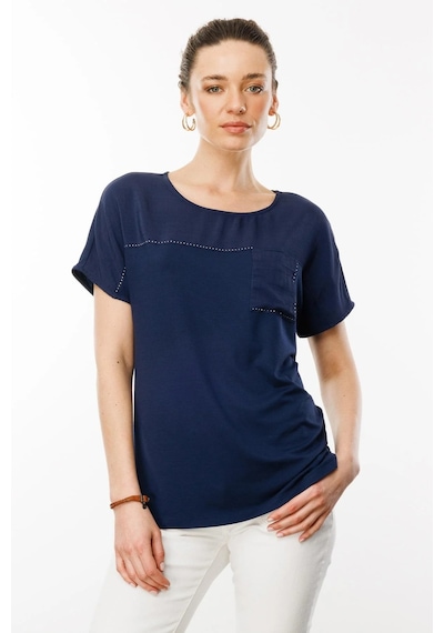Desen Triko Kadın Sıfır Yaka Önü Cepli Penye T-shirt 25830 Lacivert Lacivert