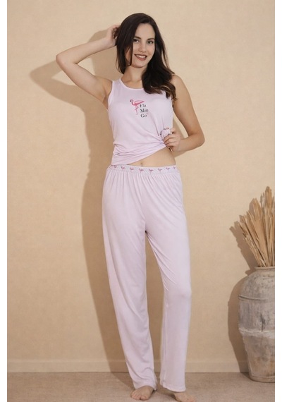 Pemilo Kadın 20608 Kolsuz % 100 Pamuk Pijama Takımı Pudra