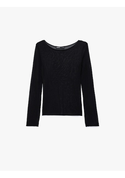Koton Viskon Rayon Kumaş Yarı Transparan Yuvarlak Yaka Uzun Kollu İnce Triko Tişört Siyah 7wak90246ht Koton Viskon Rayon Kumaş Yarı Transparan Yuvarlak Yaka Uzun Kollu İnce Triko Tişört Siyah 7wak90246ht