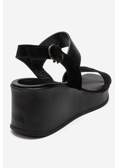 Luvishoes Lolanthe Siyah Cilt Siyah Süet Hakiki Deri Kadın Dolgu Topuklu Sandalet