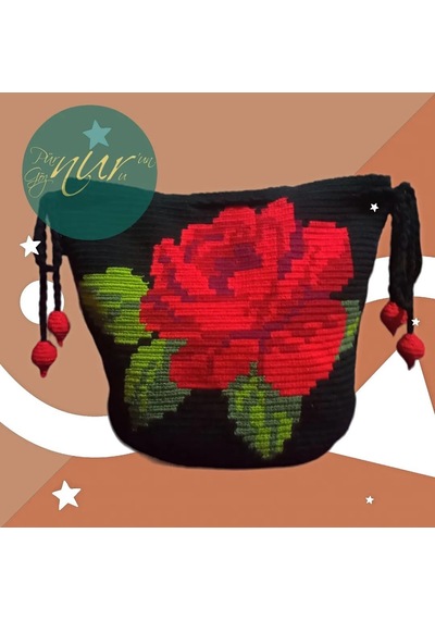 Kırmızı Gül'ün Alı Var Temalı Wayuu Tarzda Çanta Çok  Renkli