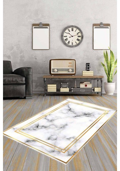 Krem Gold Çerçeveli Kaymaz Tabanlı Dekoratif Halı Ar095n11 Krem - Gold