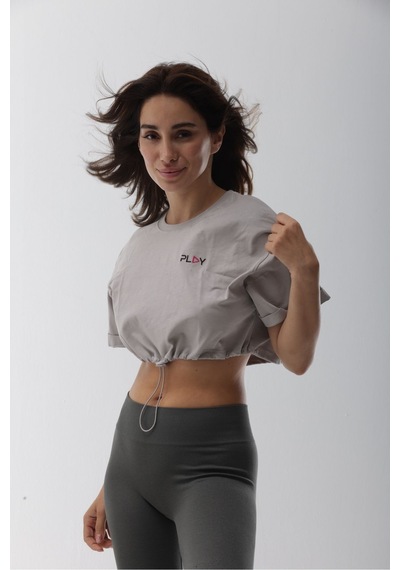 Crop Gri Kısa Belden Lastikli Tişört Gri
