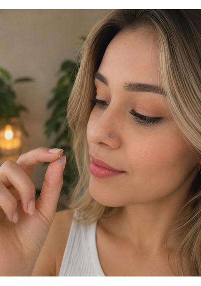 925 Ayar Gümüş Açık Mavi Taşlı Burun Hızması Piercing Minimal L Şekilli Unisex Nose Stud Gri