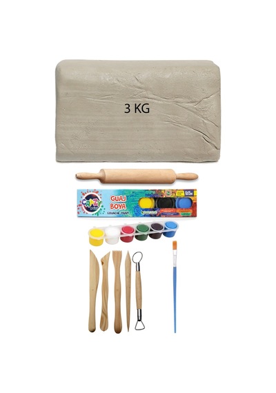 Beyaz Seramik Hamuru 3 Kg Kil Ebeşuar Seti 6x15 Ml Guaj Merdane