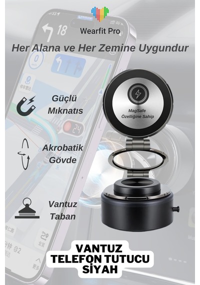 Wearfitpro Magsafe Özellikli Güçlü Mıknatıslı Vantuz Telefon Tutucu Ev Araç Her Zemine Uygun Telefon Tutucu Siyah