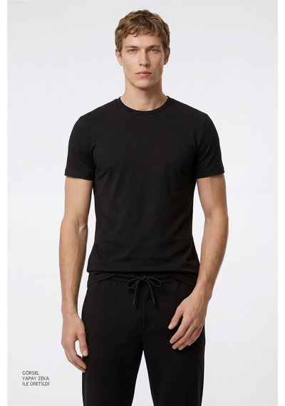 Altınyıldız Classıcs Erkek Sıyah Pamuklu Slim Fit Dar Kesim Bisiklet Yaka Tişört SIYAH