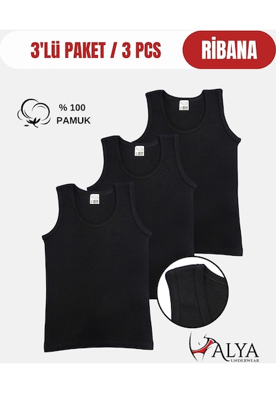 Alya Underwear Erkek Çocuk Pamuk Ribana Atlet Oval Yaka 3'lü Paket Siyah-t10