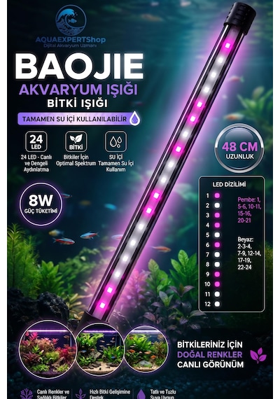 Baojie Akvaryum Işığı - Bitki Işığı - Balık Işığı - Tamamen Su Içinde Kullanılabilir - 24 Led - Pembe Beyaz - 48 Cm - Güçlü Aydınlatma - 8w