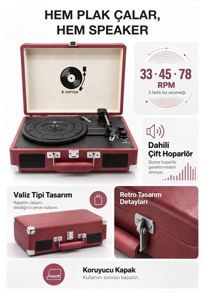 Kensa Bluetooth Lu Nostaljik Çantalı Pikap 33/45/78 Devir Dahili Bataryalı Plak Çalar Bordo