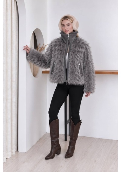 Moda Banuş Deri Garnili Lolita Kürk Gri