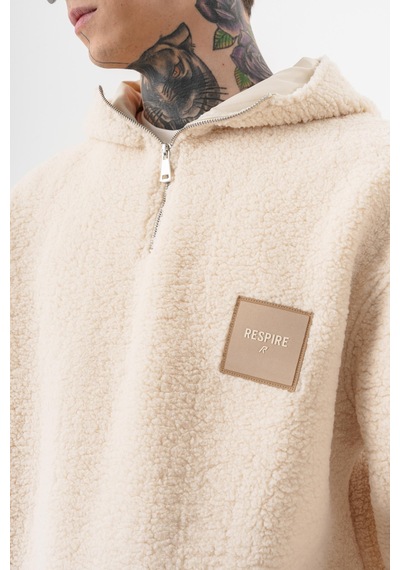 Respire Erkek Yarım Fermuarlı Kapüşonlu Oversize Peluş Hoodie Ekru