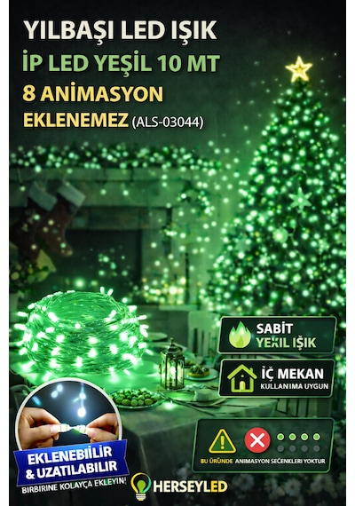 Yılbaşı Led Işık İp Led Yeşil 10 Mt 8 Anımasyon Eklenemez Yeşil