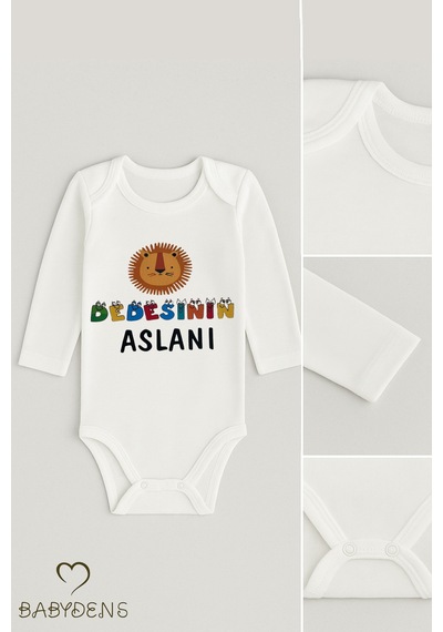Babyden's Dedesinin Aslanı Yazılı Uzun Kollu Bebek Zıbını %100 Pamuk Çıtçıtlı Body Beyaz