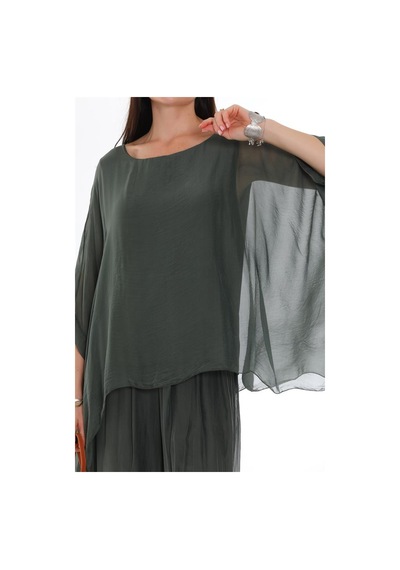 Bohem Stil İtalyan Yarasa Kol İpek Bluz & Pantolon Takım-8767 Koyu Haki