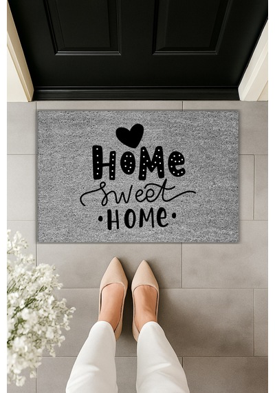 Rugmood Modern Dijital Baskı Paspas - Kalp Home Sweet Home - Kapı Önü Paspası 70x45cm Gri