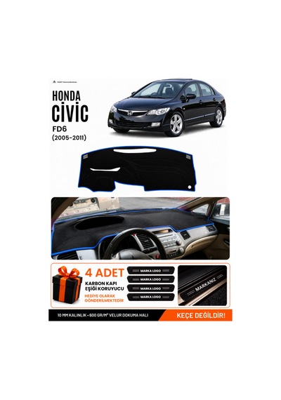 Honda Cıvıc Fd6 2005-2011 Uyumlu Torpido Örtüsü, Torpido Kılıfı - Siyah Mavi