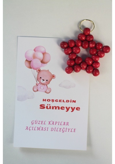 30 Adet Ahşap Yıldız Anahtarlık - Bebek Hediyelik - Kartlı