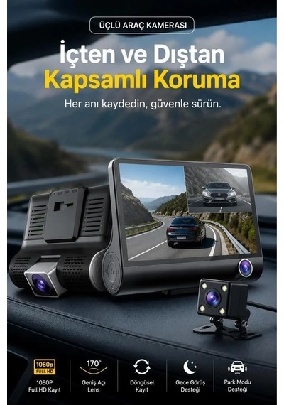 Özel Seri Üç Kameralı Dijital Kayıt Araç İçi Kamera Ta02 Siyah 1080p