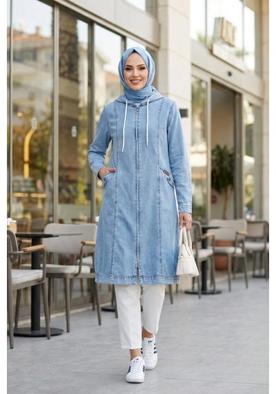 Hb Harma Time Butik Kadın Kapüşonlu Cepli Fermuarlı Açık Mavi Kot Kap