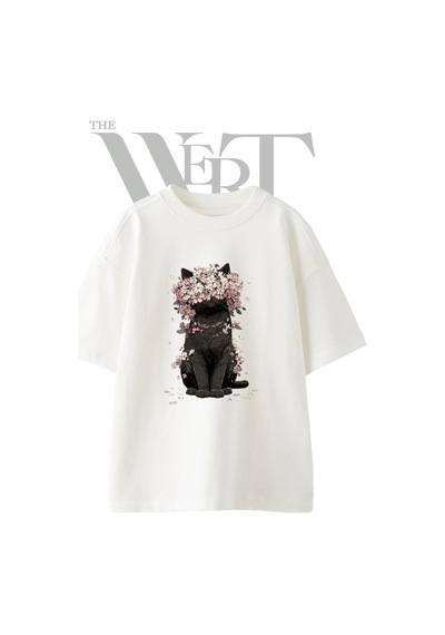 Thewert Black Cat Sakura Tasarım Baskılı Ünisex Beyaz Oversize T-shirt