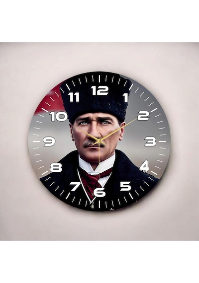 Renkli Baskı Atatürk Desenli Sayılı Hediyelik Ahşap Sessiz Duvar Saati 50cm ÇOk Renkli