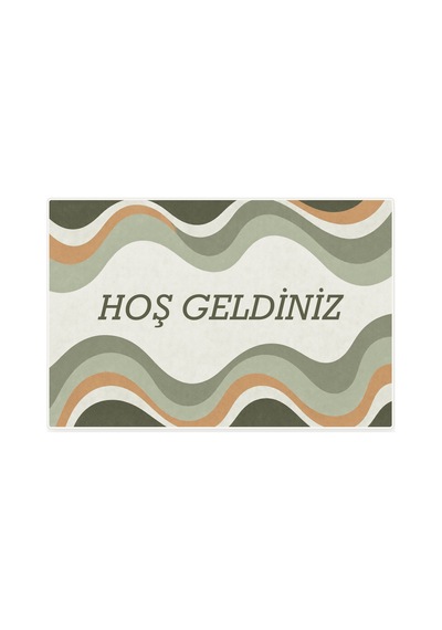 Kartela Halı Hoş Geldiniz Yazılı Retro Dalga Kapı Paspası Adaçayı Yeşili 40x60 Cm