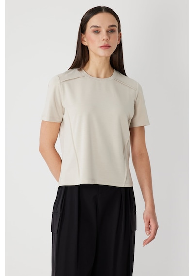 On Kadın Dikiş Detaylı Sıfır Yaka T-shirt 71458 Kum Kum