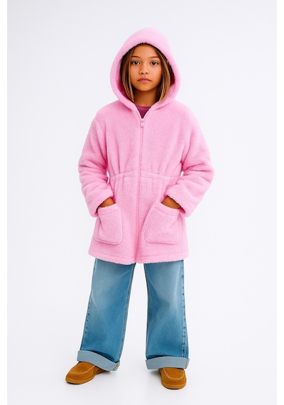 Esila Kids Kız Çocuk Ceket Peluş Kapüşonlu Uzun Kollu Kışlık Ceket 4-9 Yaş Pembe