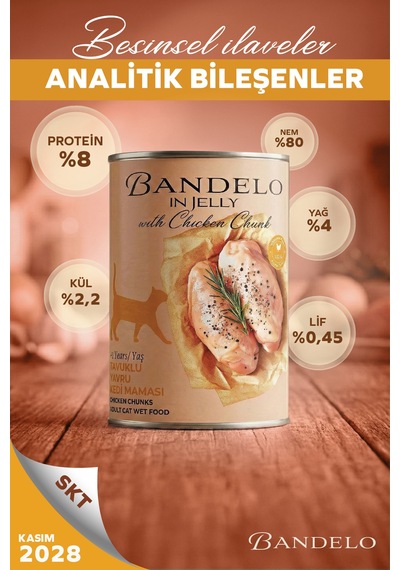 Tavuklu Yetişkin Yaş Konserve Kedi Maması - %100 Hayvansal Protein Jöleli Parça Etli, 400gr X 12 Adet