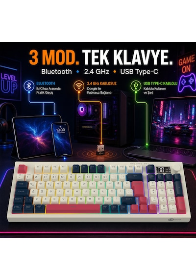 Lecoo Gk690 Kablosuz 3 Modlu 96 Tuşlu Rgb Gasket Membran Türkçe Q Oyuncu Klavyesi Beyaz Lacivert