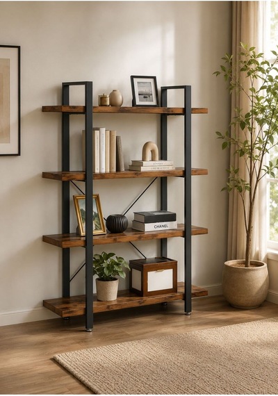 4 Katlı Doğal Ahşap Kitaplık Metal Çerçeveli Endüstriyel Dekoratif Raf Çalışma Odası Siyah - Ceviz 4 Katlı Doğal Ahşap Kitaplık Metal Çerçeveli Endüstriyel Dekoratif Raf Çalışma Odası Siyah - Ceviz