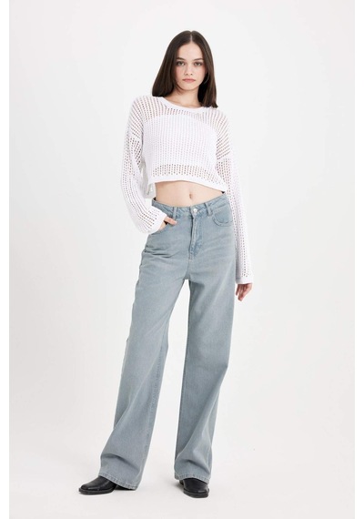Defacto Regular Fit Bisiklet Yaka Kroşe Ajurlu Delikli Crop Triko Kazak T4513AZ24AUER103 Ekru