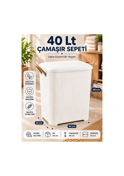 Liva Loft 40 L Kapaklı Çamaşır Sepeti Halat Saplı Beyaz - 918657149 Beyaz