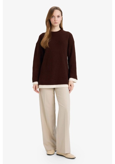 Defacto Regular Fit Bisiklet Yaka Triko Kazak Tunik G7237ax25cwbn468 Kahve-bn468