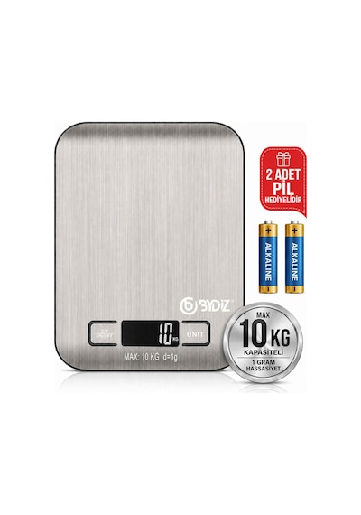 Bydiz Dijital Mutfak Terazisi 10 Kg 1 Gr Hassas Mutfak Tartısı Paslanmaz Çelik Yüzey + Pil Hediyeli BY-005