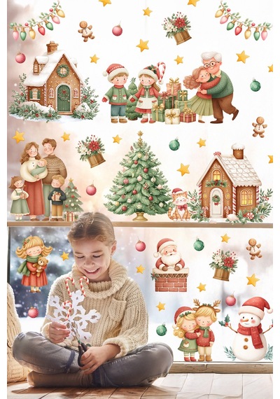 Yeni Yıl Cam Sticker Seti Büyük Boy Aile & Noel Evi Temalı 80+ Parça Çift Taraflı Pencere Süsü Dijital Baskı