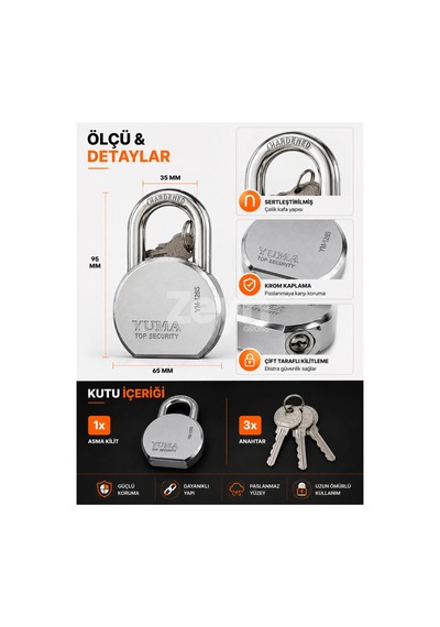 Yuma 65 Mm Kısa Kancalı Çelik Asma Kilit Ym-1265 Anahtarlı Güvenlik Kilidi
