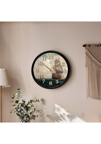 Nostaljik Yelkenli Savaş Gemisi Temalı Dekoratif Duvar Saati 28 Cm Sessiz Mekanizma Çok Renkli
