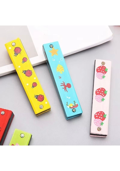 2'li Ahşap Çocuk Mızıka Seti 16 Delikli 12cm Renkli Eğitici Ahşap Oyuncak Müzik Aleti Mızıka