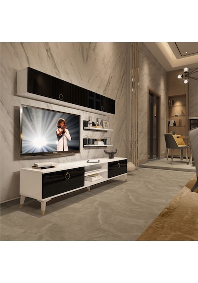 Decoraktiv Eko 5 Mdf Dvd Gold Tv Ünitesi Tv Sehpası Beyaz - Siyah