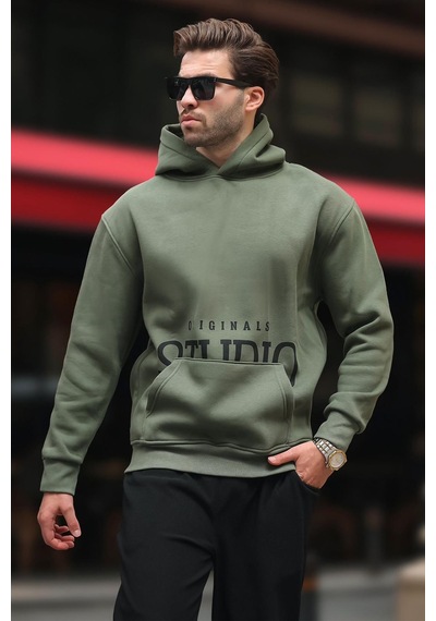 Madmext Haki Kapüşonlu Baskılı Cep Detaylı Sweatshirt E7076 Haki