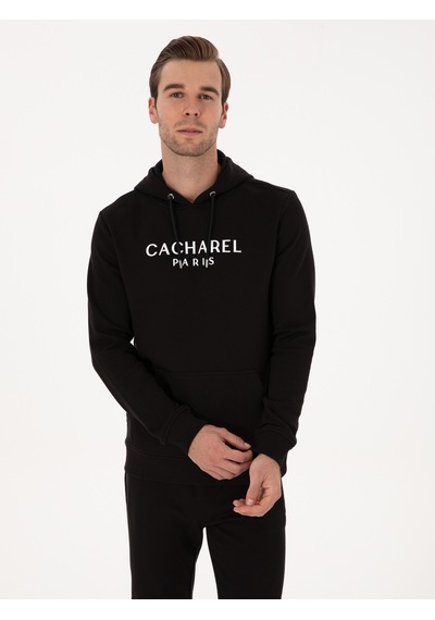 Siyah Regular Fit %100 Pamuk Kapüşonlu Sweatshirt