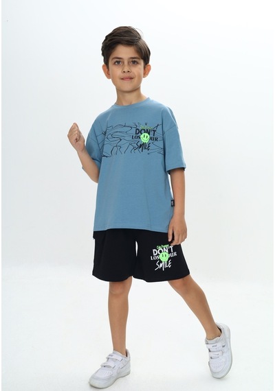 Toontoy Kids Toontoy Erkek Çocuk Smile Yazı Baskılı Şortlu Takım Mavi
