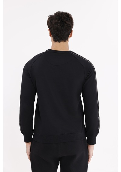 Rowinger Çift Şeritli Raglan Kol Minimal Logolu Bisiklet Yaka Sweatshirt Black
