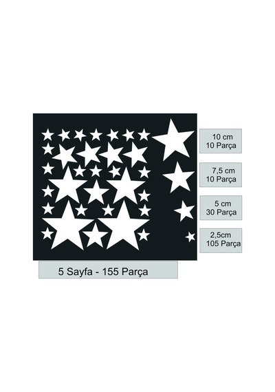 Yıldız Duvar Sticker - 2,5 - 5 - 7,5 - 10cm Karışık Ebatlarda - 155 Adet Beyaz