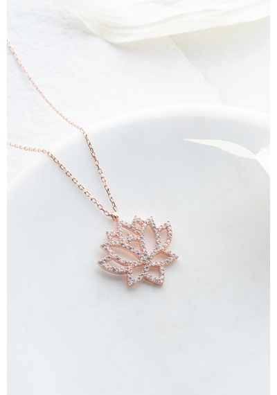 Nereze 925 Ayar Gümüş Zirkon Taşlı Rose Kaplama Lotus Çiçeği Tasarım Kolye