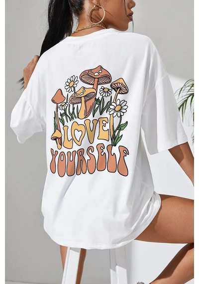 Flood Of Style Kadın Beyaz Love Yourself Baskılı Oversize T-shirt